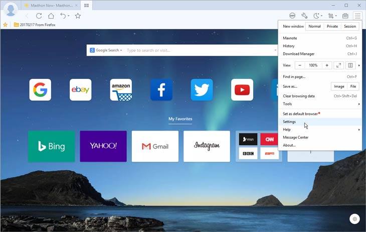 Maxthon nyitóoldal, menü