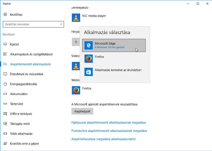 Microsoft Edge alapértelmezés