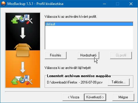 MozBackup archiválandó profil