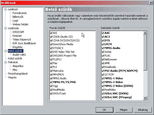 MPC HomeCinema szűrők