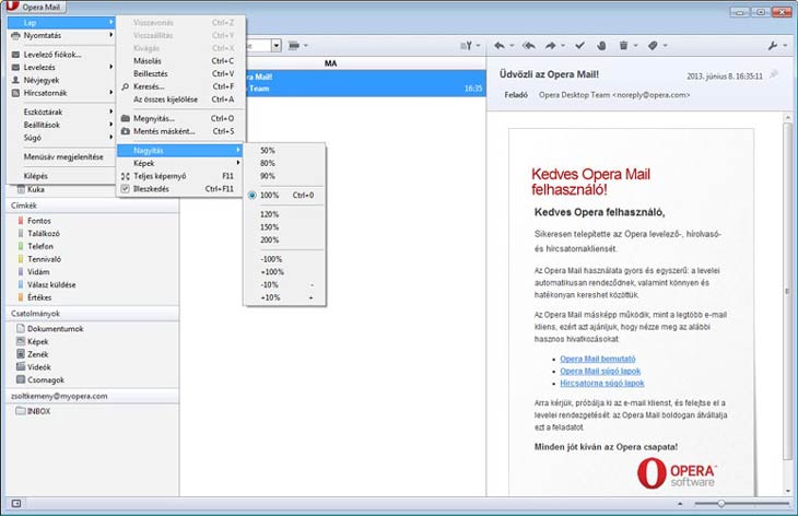 Opera Mail nagyítás