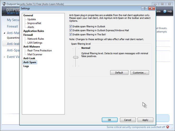 Outpost Security Suite Free Anti-Spam