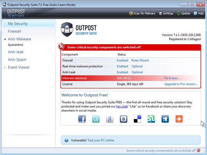 Outpost Security Suite Free védelmi program