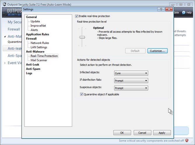 Outpost Security Suite Free valósidejű védelem beállításai