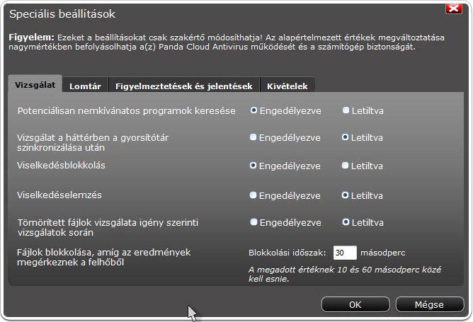 Panda Cloud Antivirus speciális beállítások
