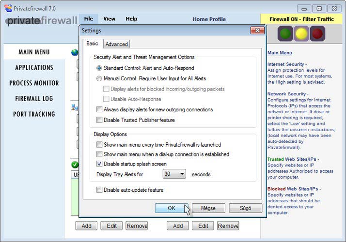 Privatefirewall beállítások