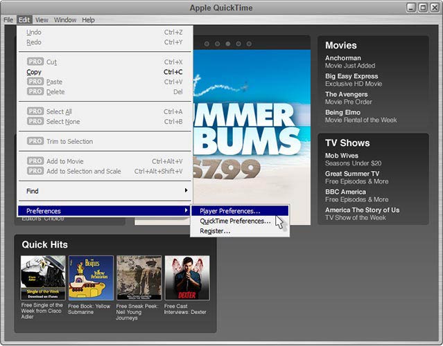QuickTime beállítások