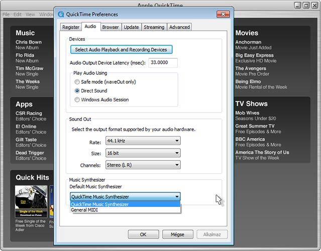 QuickTime hang lejátszás