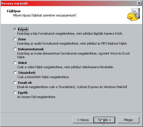 Recuva fájltípusok