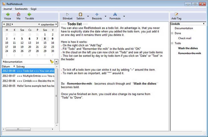 RedNotebook címke keresés