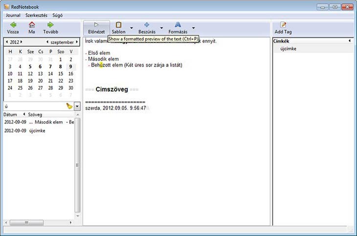 RedNotebook előnézet