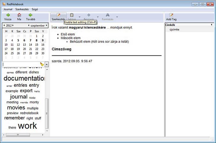 RedNotebook szerkesztés