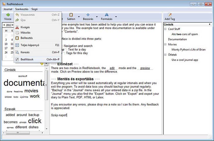 RedNotebook beállítások