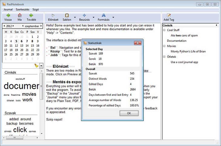 RedNotebook statisztikák
