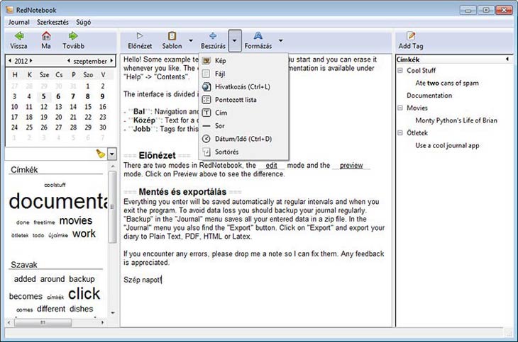 RedNotebook beszúrás