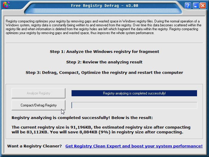 Registry Defrag elemzés kész