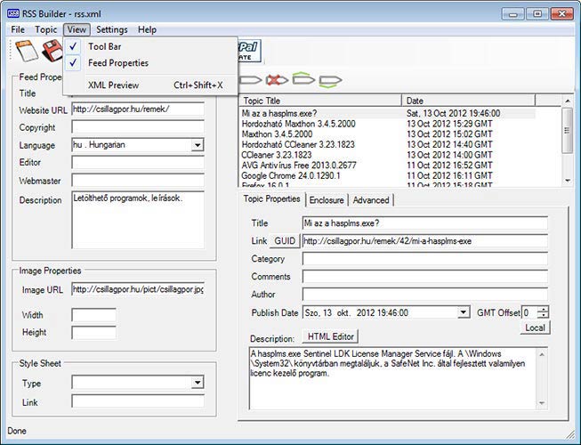 RSS Builder eszköztár
