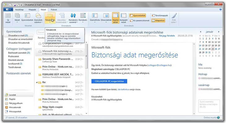 Windows Live Mail nézet