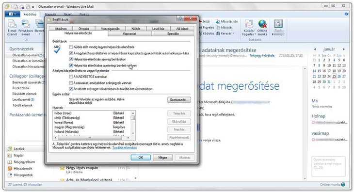 Windows Live Mail helyesírás