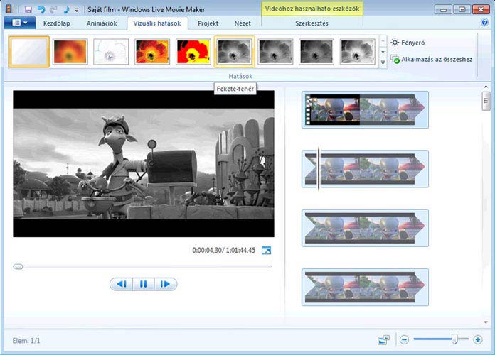Windows Live Movie Maker fekete-fehér
