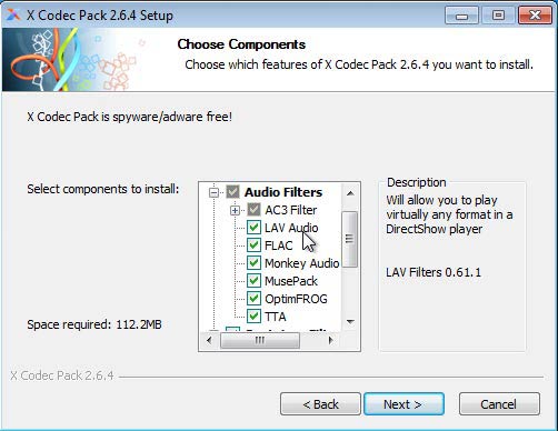 x codec pack audio szűrők