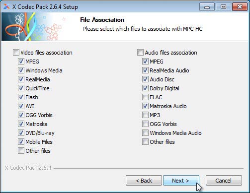 x codec pack fájl hozzárendelések